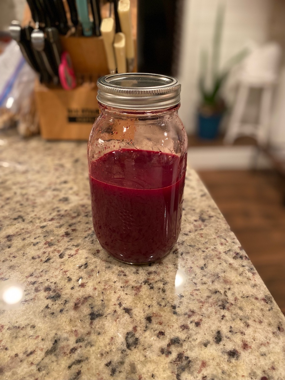 A jar of Tracy's famous beet juice
